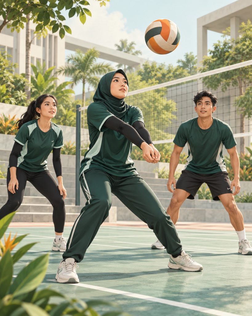 Ilustrasi mahasiswa dewasa belajar bola voli; bukan dokumentasi kampus.